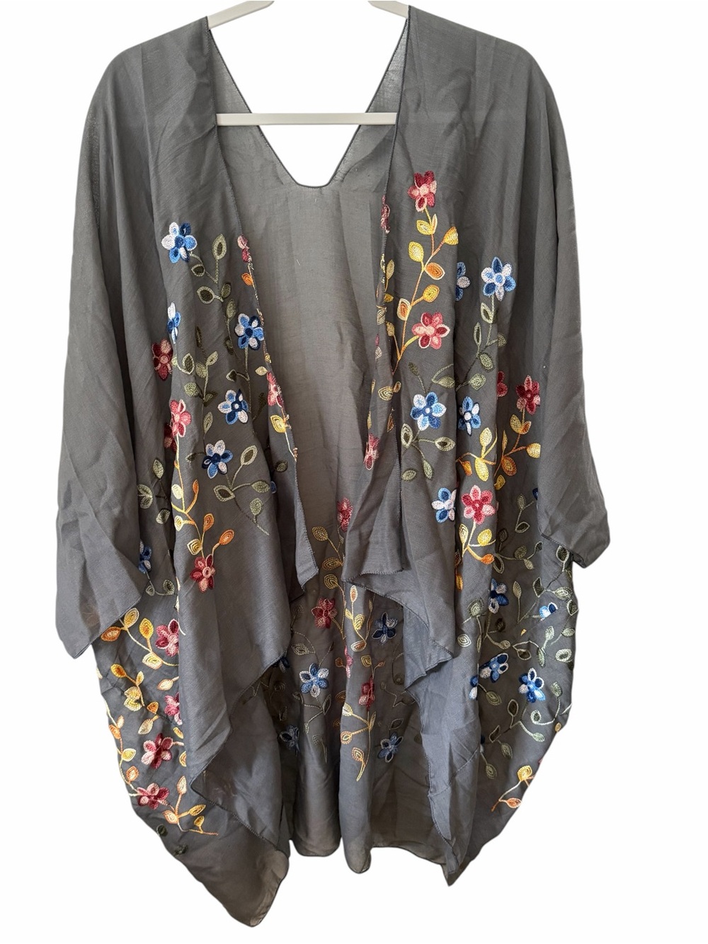 Raj Gray Floral Embroidered Kimono Boho Open Front One Size